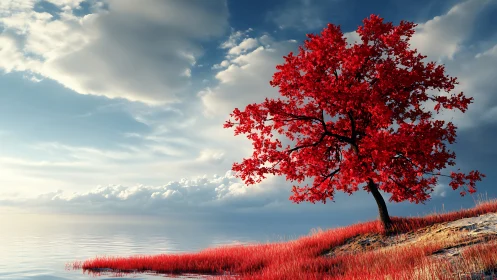 Crimson shoreline tree under dramatic cloud-swept sky
