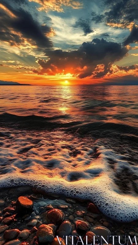 Sunset surf paints ember trails across pebble shore.