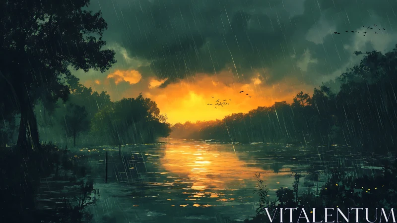 Pluvial river dusk with high-contrast atmospheric backlighting.