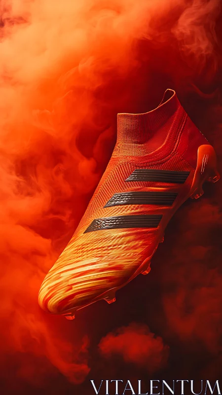 Flaming orange football boot slices through swirling smoke.
