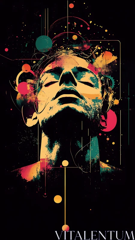 Neon splatter portrait with abstract circuits and orbits.