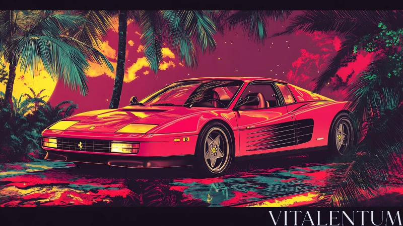 Red sports coupe amid stylized tropical palm landscape.