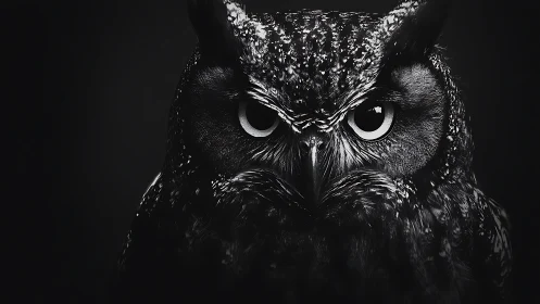 Intense owl portrait in dramatic black and white photography style.