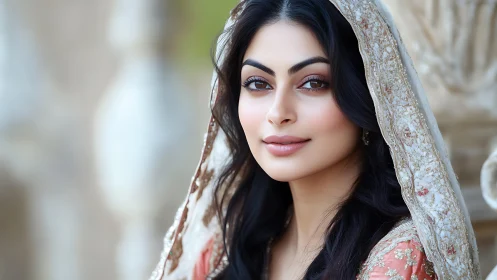 Portrait shows woman in embroidered headscarf facing camera