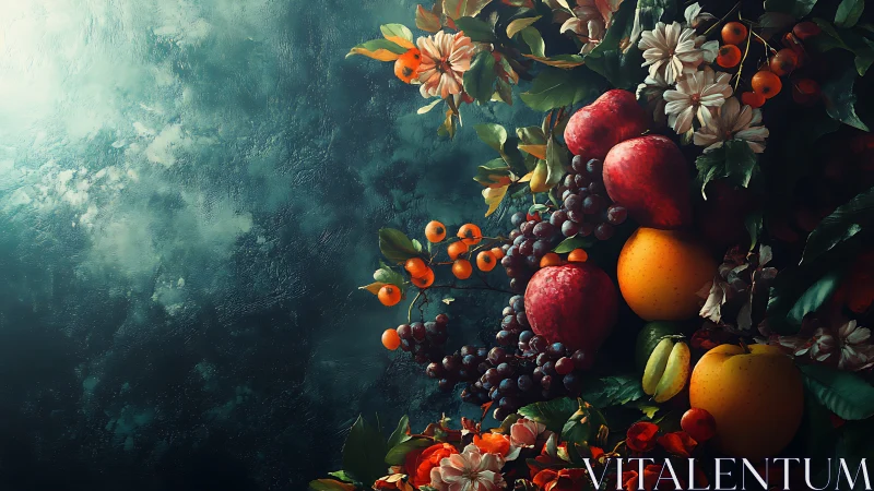 Digital still life of fruit cluster with flowers and moody bokeh.