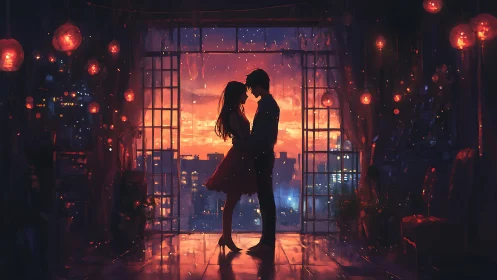 Tender sunset embrace in a lantern-lit city window.