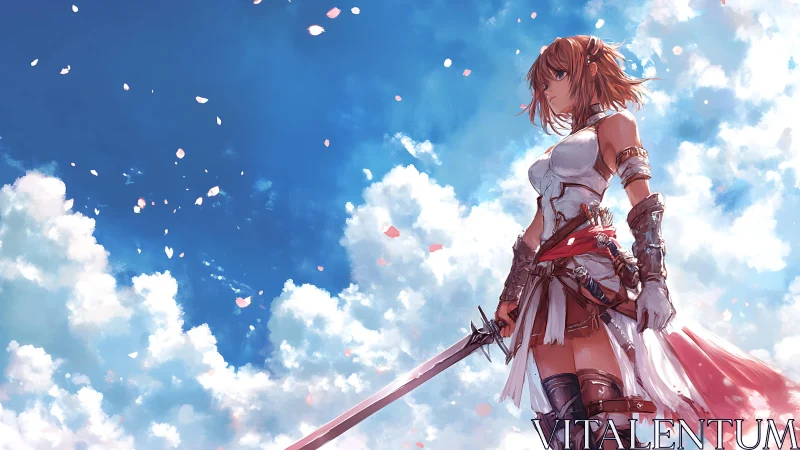Sword-wielding anime heroine stands resolute beneath bright skies