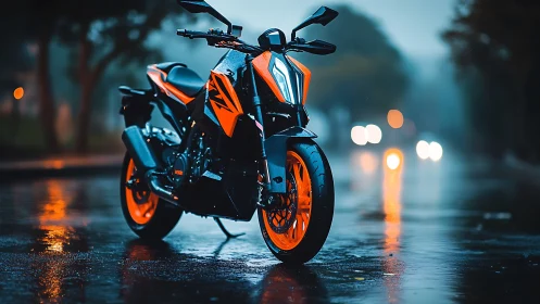 Orange sport motorcycle on wet city street at dusk.
