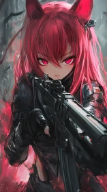 Crimson catgirl sniper locks target through storm haze.