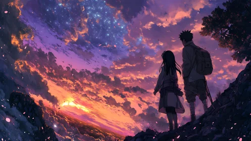 Two figures on hillside observing dense sunset cloud field.