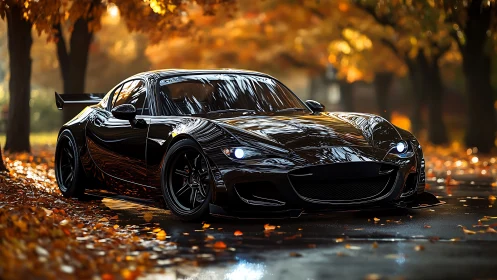 Sleek black sports car gliding through a golden autumn lane.