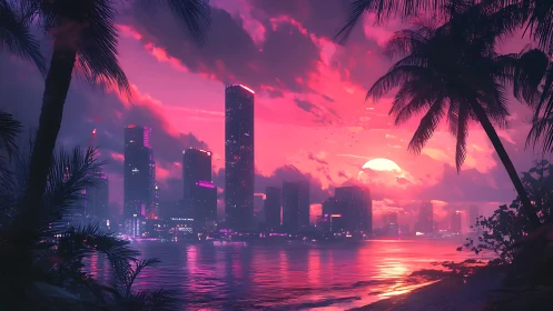 Neon pink sunset over futuristic tropical city skyline