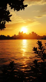 Harbor skyline glows under deep golden sunset light.