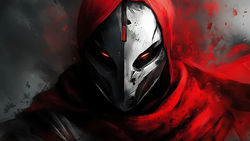 Crimson spectral warrior with segmented alloy mask glare.