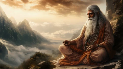 Mountain sage rests in peaceful meditation above soft clouds