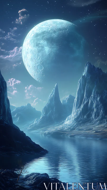 Icy alien coastline reflects massive luminous blue moon