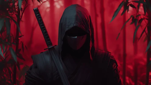 Shadowed ninja in red bamboo forest, poised in quiet power.
