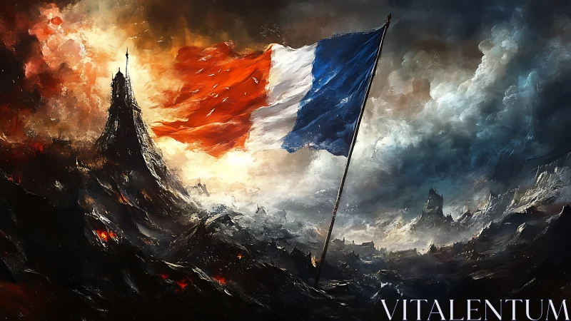 French flag rising over dark stormy battlefield landscape.
