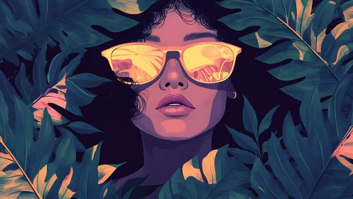 Stylized portrait of woman in sunglasses within foliage.
