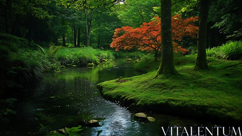 Photorealistic forest stream with moss bank and red maple focus.