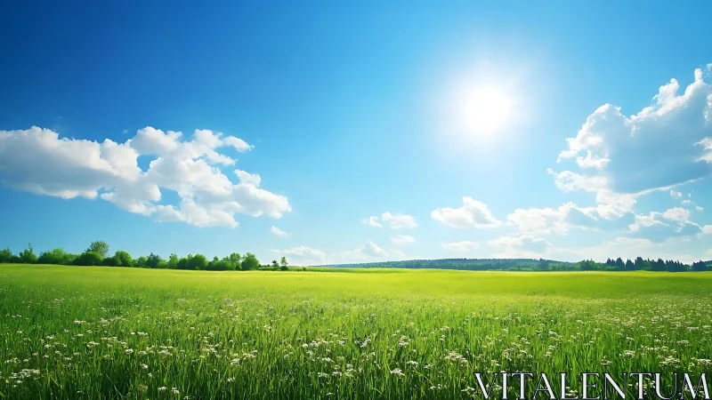Sunlit meadow stretches wide while cotton clouds drift slowly