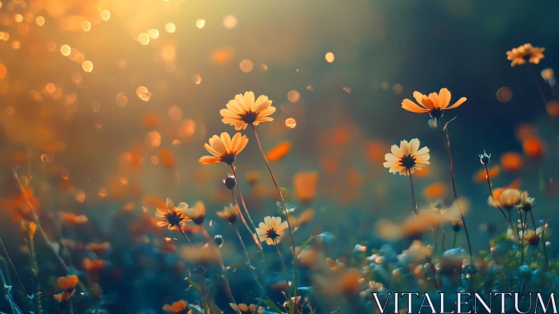 Golden Daisies Bloom in Warm Sunset Light.