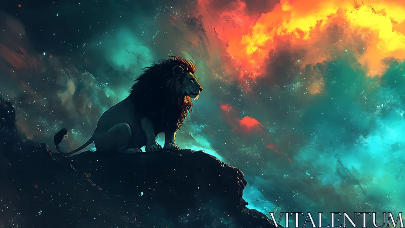 Majestic cosmic lion resting beneath glowing nebula sky.