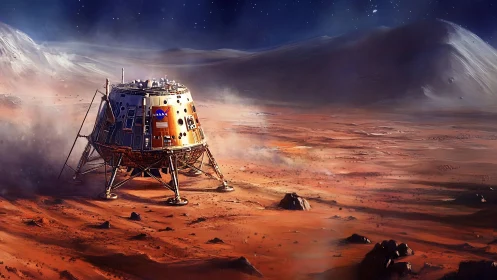 Mars lander module rests on dusty red plateau at night.