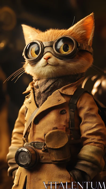 Steampunk explorer cat gazes ahead in warm golden light