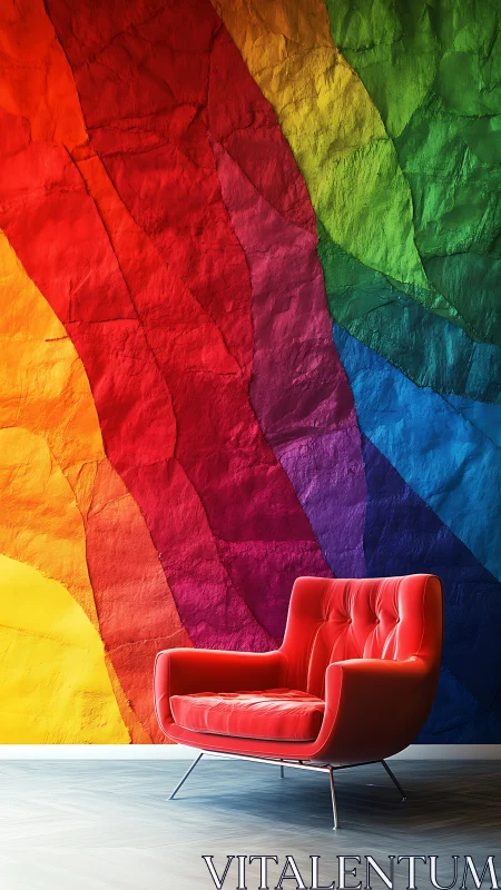 Red lounge chair against vivid textured rainbow wall.