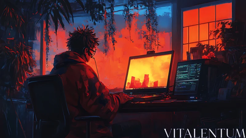 Nocturnal coder in dual-monitor neon-lit studio enclave.