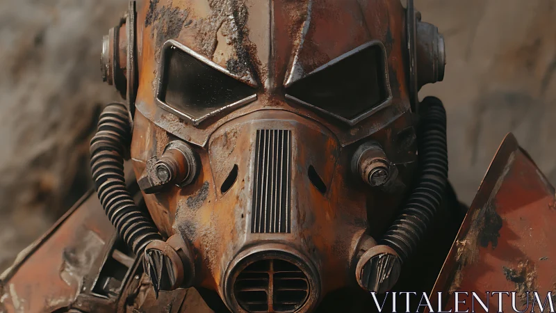 Rust-scarred power helmet studies silence after long battles