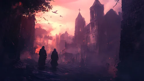 Twilight pilgrims in a burning gothic cityscape at dusk.