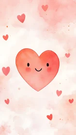 Smiling Heart Character with Floating Hearts on Watercolor Background.