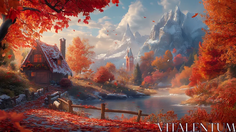 Autumn riverside cottage under snowy alpine peaks with warm light