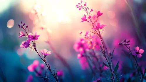 Soft-Focus Pink Flowers Against Blue Bokeh Background.