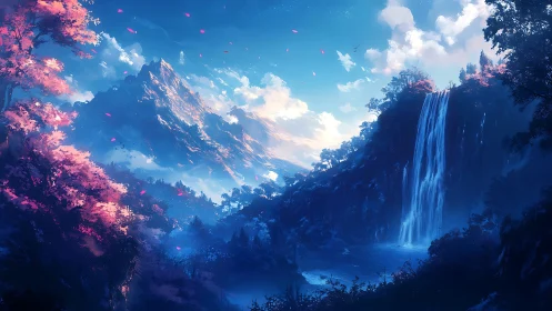 Sky-drenched mountains whisper beside a sapphire waterfall