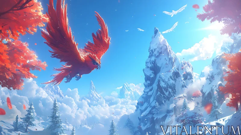 Majestic Red Phoenix Soaring Over Snowy Mountain Landscape, Fantasy Art.