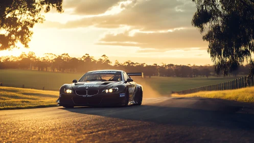 Photorealistic GT race car at golden hour on rural circuit.