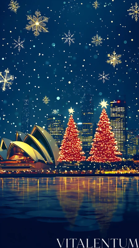 Sydney harbour skyline glows with festive Christmas lights.