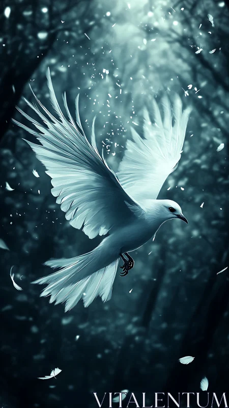 White bird in mid-flight within dim forest environment.