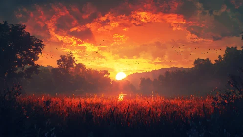 Fiery digital sunset over tranquil forest lake horizon.
