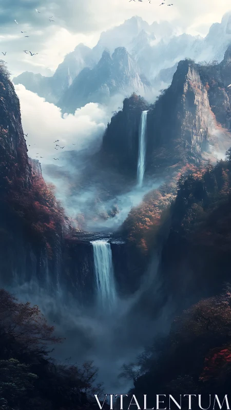 Misty twin waterfalls carve deep gorge between jagged peaks