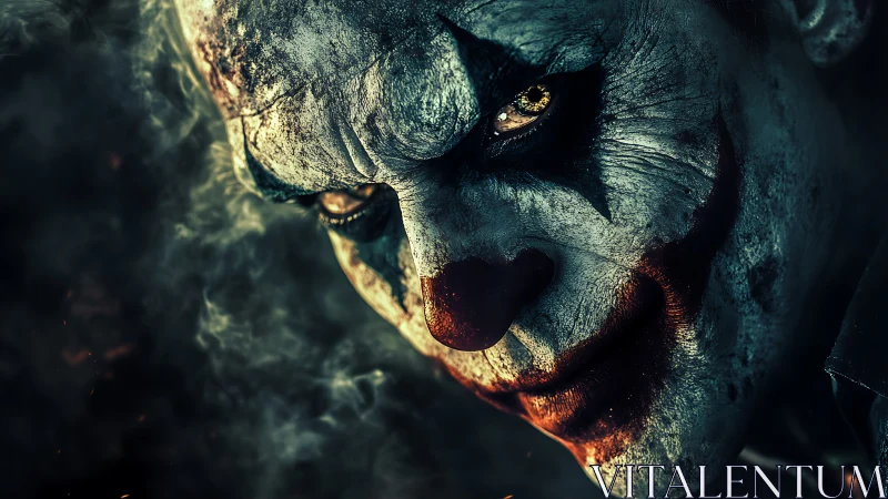 Close-up portrait shows cracked clown makeup in low light