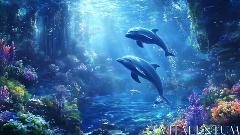 Dolphin duet dancing through a neon coral dreamscape.