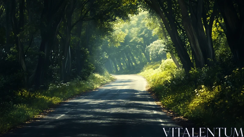 Tree-lined rural road with dappled sunlight filtering through dense canopy