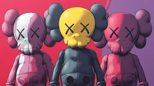 Trio of X-eyed vinyl figures in bold split-color backdrop.