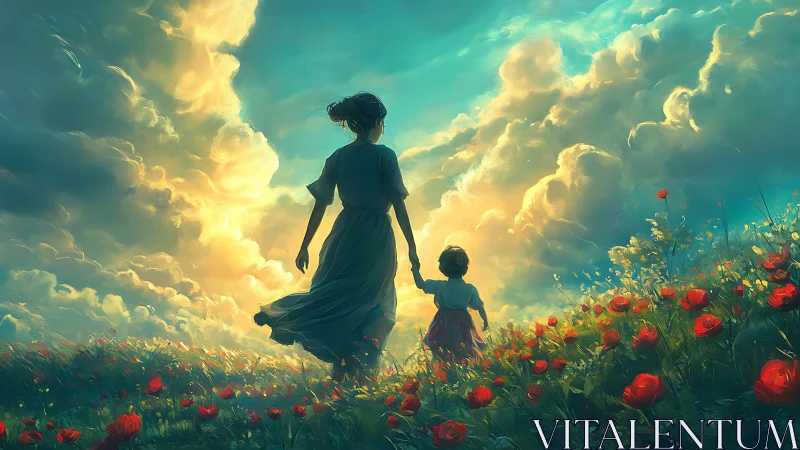 Sunlit clouds escort mother and child through wild poppies