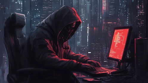 Hooded computer user in dark urban workspace at night.