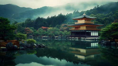 Golden lakeside temple reflected in misty forest pond.
